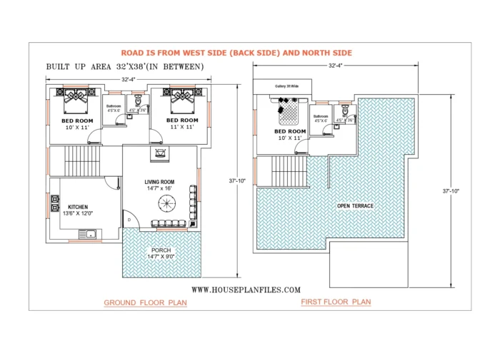 32 * 38 corner house plan 3bhk