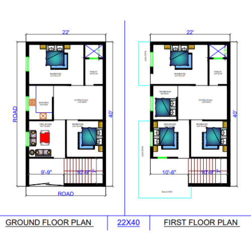 22 * 40 duplex house plan